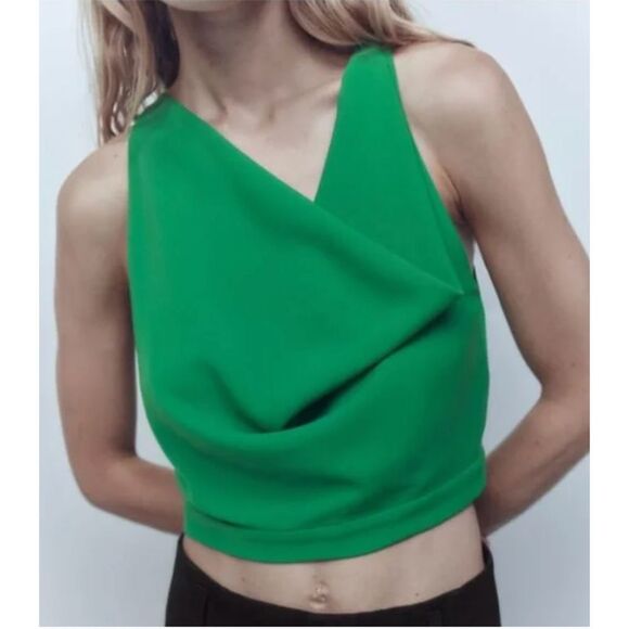 ZARA Flowy Draped Neckline Emerald Crop Top Size Medium for St Patricks Day! - Picture 1 of 7
